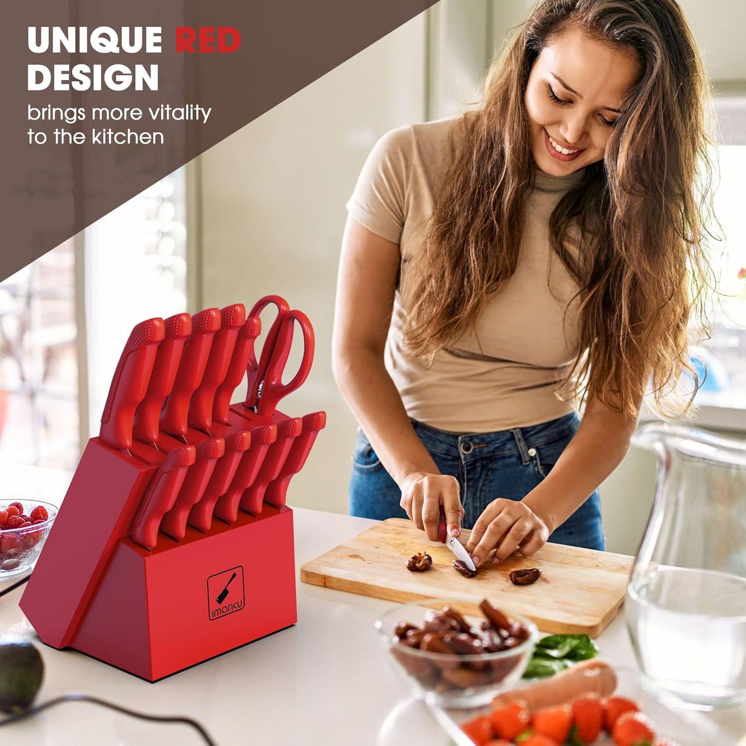 image:imageimarku Knife Set 14PCS Knife Sets for kitchen with block OnePiece Kitchen Knife Sets with Builtin Sharpener Stainless Steel Chef Knife Set with Lightning Stripes Handle Dishwasher SafeWoodRed