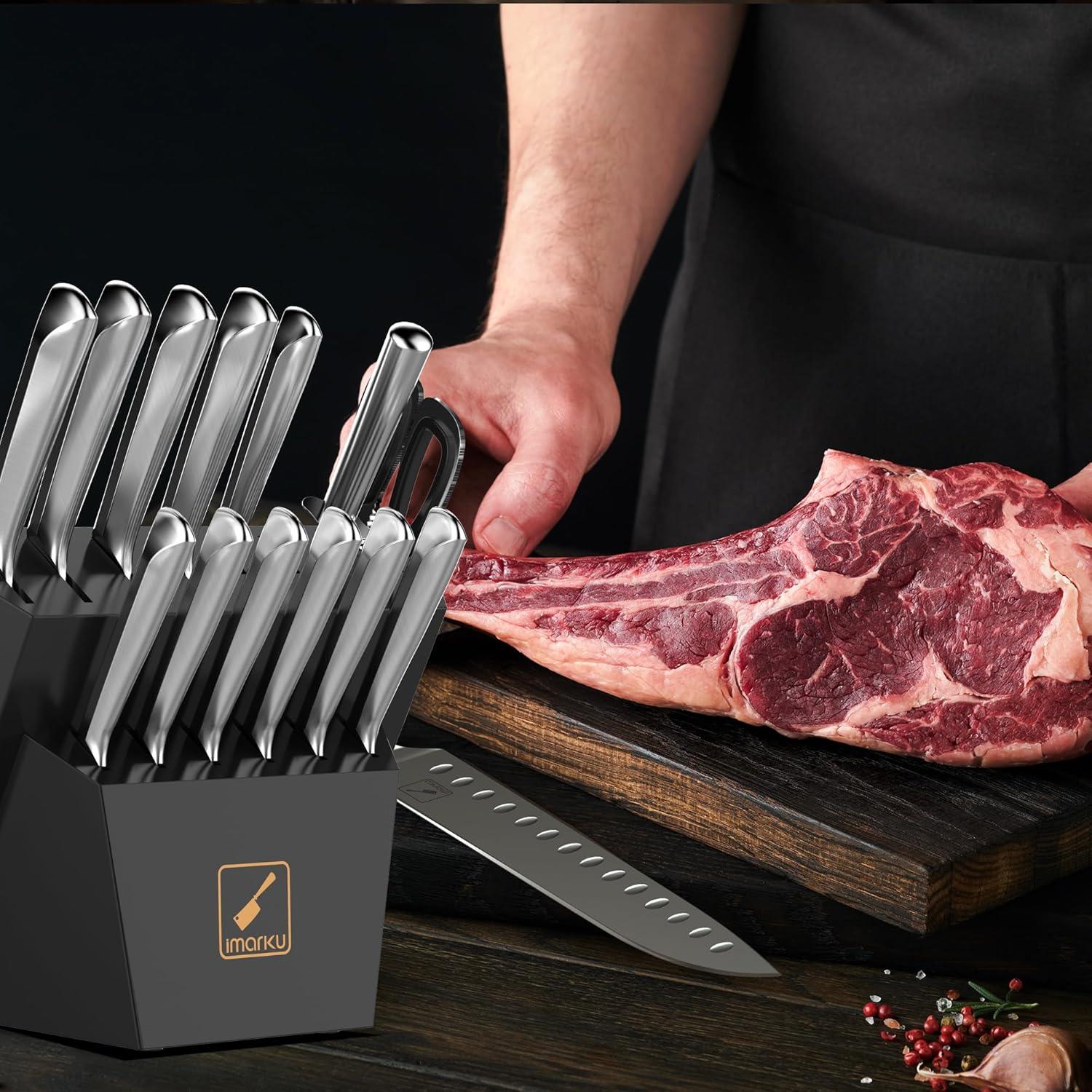 image:imageimarku Knife Set 14PCS Knife Sets for kitchen with block OnePiece Kitchen Knife Sets with Builtin Sharpener Stainless Steel Chef Knife Set with Lightning Stripes Handle Dishwasher SafeWoodDark Black