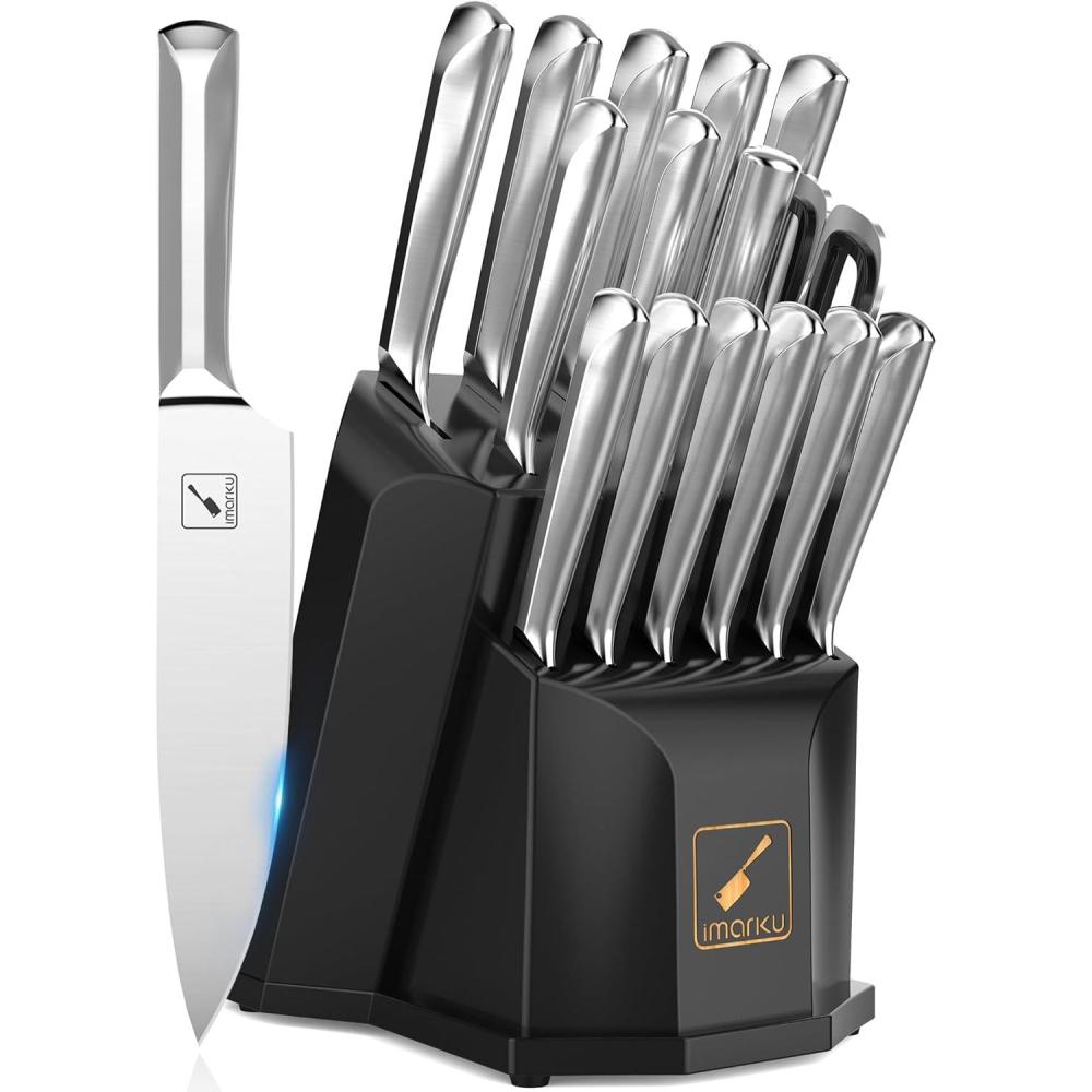 image:imageKnife Block Set imarku 16 Pcs Kitchen Knife Set with Sharpening Rod High Carbon Stainless Steel Knives Set for Kitchen with Ergonomic NonSlip Handle Dishwasher Safe