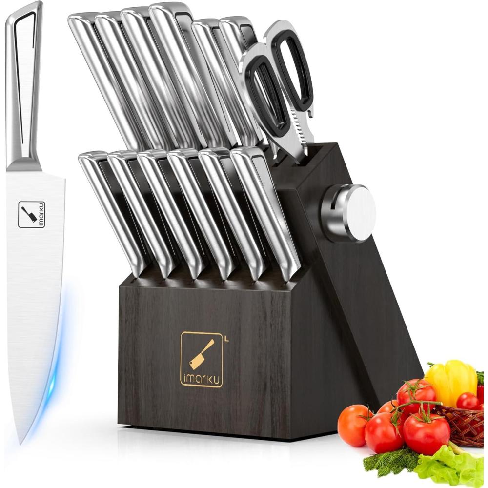 image:imageimarku Kitchen Knife Set with Block and Builtin Sharpener Japanese Stainless Steel 14Piece Knife Set with Utility Knife Dishwasher Safe NonSlip Ergonomic Handles Essential Gift for Home Cooks14 PCS Black Knife Set