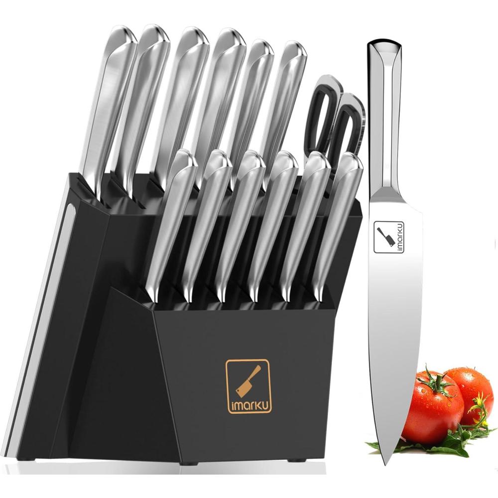 image:imageimarku Knife Set 14PCS Knife Sets for kitchen with block OnePiece Kitchen Knife Sets with Builtin Sharpener Stainless Steel Chef Knife Set with Lightning Stripes Handle Dishwasher SafeWoodDark Black