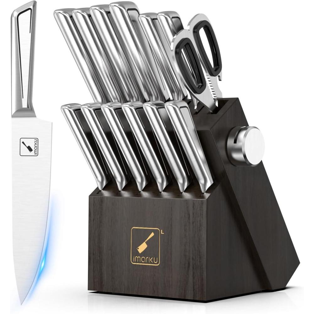 image:imageimarku Knife Set 14PCS Knife Sets for kitchen with block OnePiece Kitchen Knife Sets with Builtin Sharpener Stainless Steel Chef Knife Set with Lightning Stripes Handle Dishwasher SafeWoodBlackGray