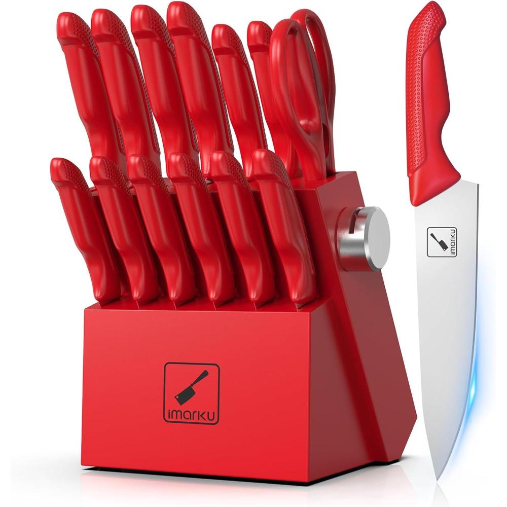 image:imageimarku Knife Set 14PCS Knife Sets for kitchen with block OnePiece Kitchen Knife Sets with Builtin Sharpener Stainless Steel Chef Knife Set with Lightning Stripes Handle Dishwasher SafeWoodRed