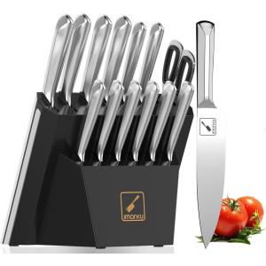 imarku® Knife Set, 14PCS Knife Sets for kitchen with block, One-Piece Kitchen Knife Sets with Built-in Sharpener, Stainless Steel Chef Knife Set with Lightning Stripes Handle, Dishwasher Safe(Wood)(Dark Black)