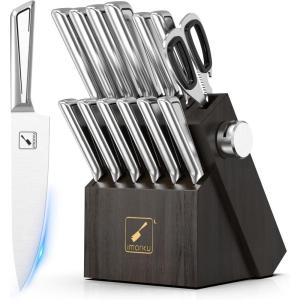 imarku® Knife Set, 14PCS Knife Sets for kitchen with block, One-Piece Kitchen Knife Sets with Built-in Sharpener, Stainless Steel Chef Knife Set with Lightning Stripes Handle, Dishwasher Safe(Wood)(Black/Gray)