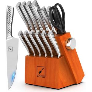 imarku® Knife Set, 14PCS Knife Sets for kitchen with block, One-Piece Kitchen Knife Sets with Built-in Sharpener, Stainless Steel Chef Knife Set with Lightning Stripes Handle, Dishwasher Safe(Wood)(Brown/Silver)