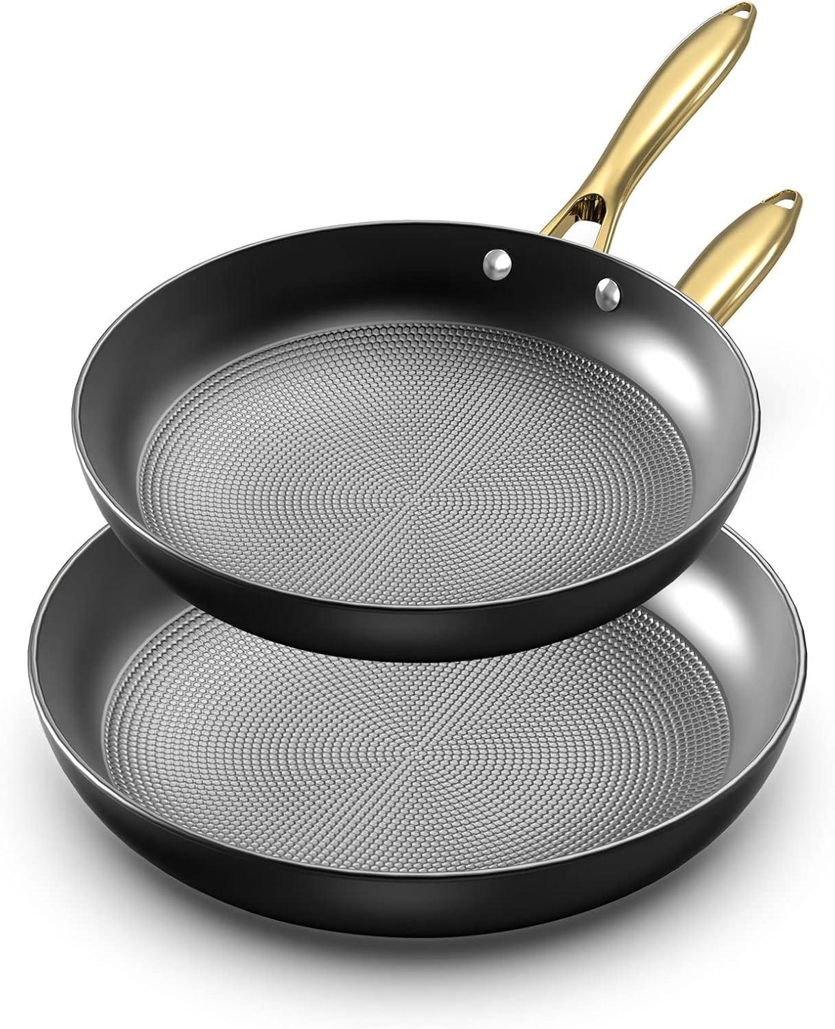 image:imageimarku Cast Iron Skillets Non Stick Frying Pans 2Pcs 10 inch amp 12 Inch Frying Pan Set Long Lasting Frying Pans Nonstick Professional Nonstick Frying Pan Easy Clean Christmas Gifts for Women MenGolden Handle
