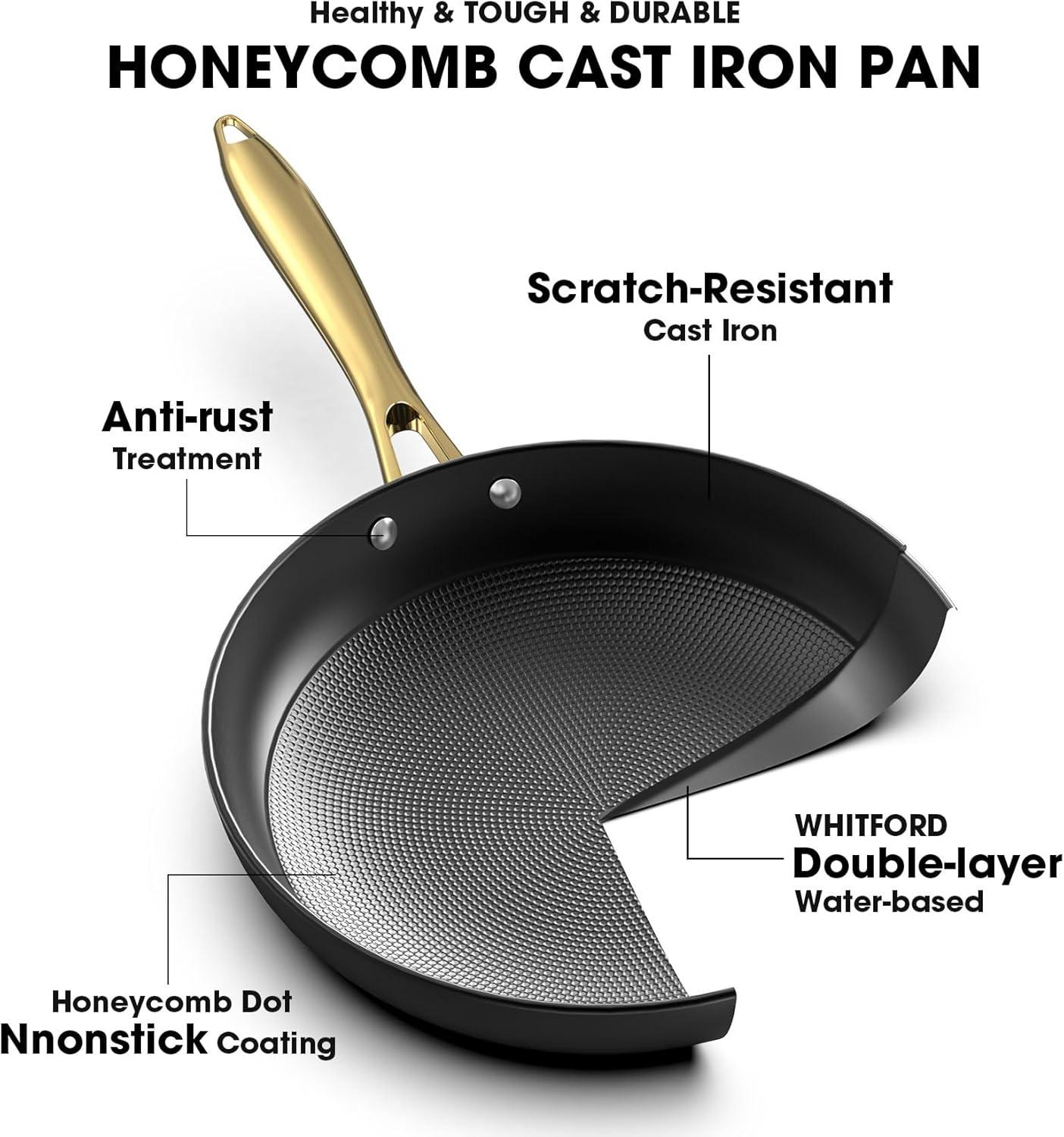 image:imageimarku Cast Iron Skillets Non Stick Frying Pans 2Pcs 10 inch amp 12 Inch Frying Pan Set Long Lasting Frying Pans Nonstick Professional Nonstick Frying Pan Easy Clean Christmas Gifts for Women MenGolden Handle with Lids