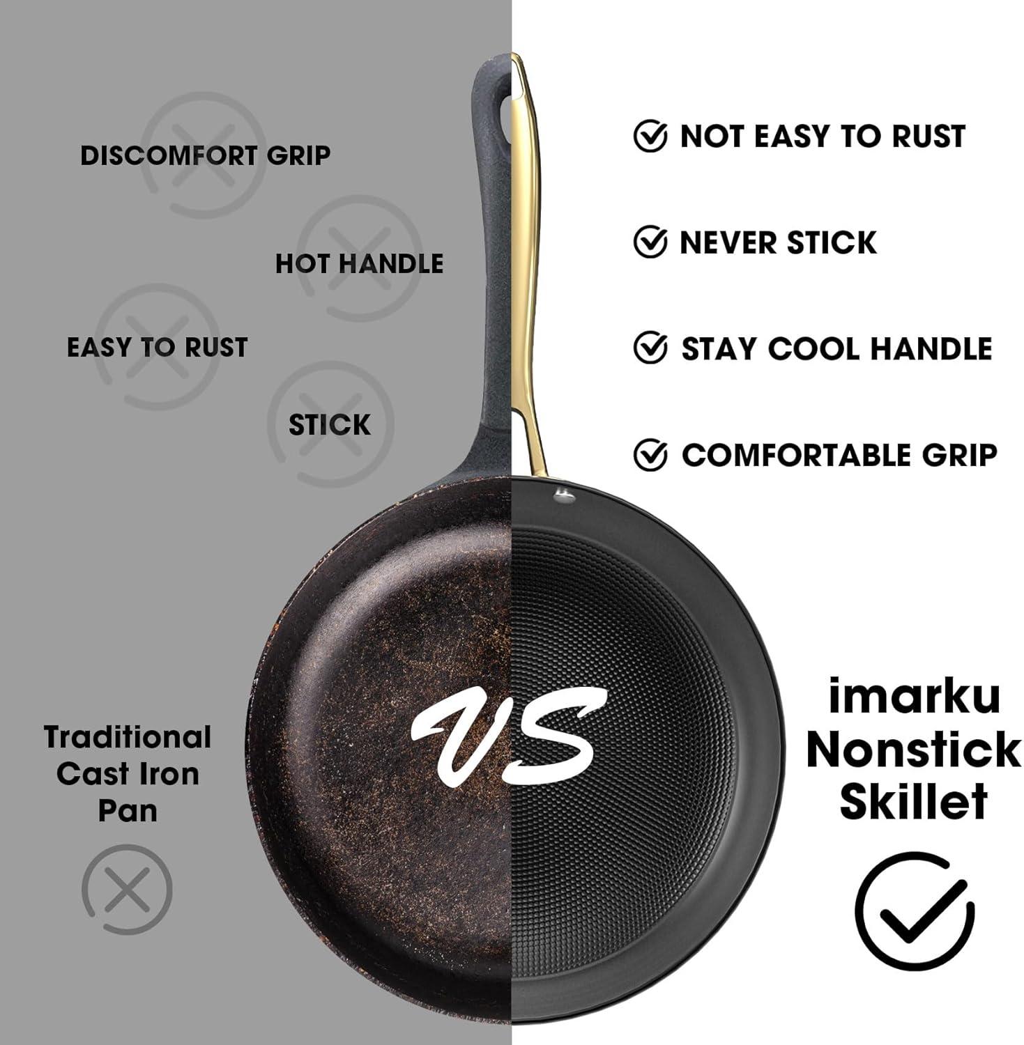 image:imageimarku Frying Pan 8 Inch Non Stick Frying Pan Long Lasting Cast Iron Skillet Nonstick Pans Honeycomb Nonstick Frying Pans with Stay Cool Stainless Steel Handle Christmas Gifts Easy Clean10 Inch