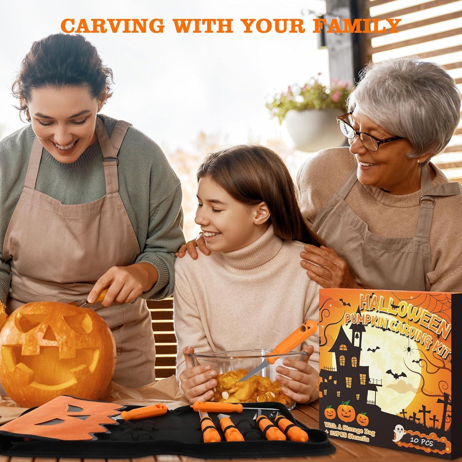 image:imageimarku Halloween Pumpkin Carving Kit 10 PCS Professional Carving Knife with Unique Storage Bag and 25 PCS Pumpkin Carving Stencils Stainless Carving Tools for Halloween Decorations Home Essentials