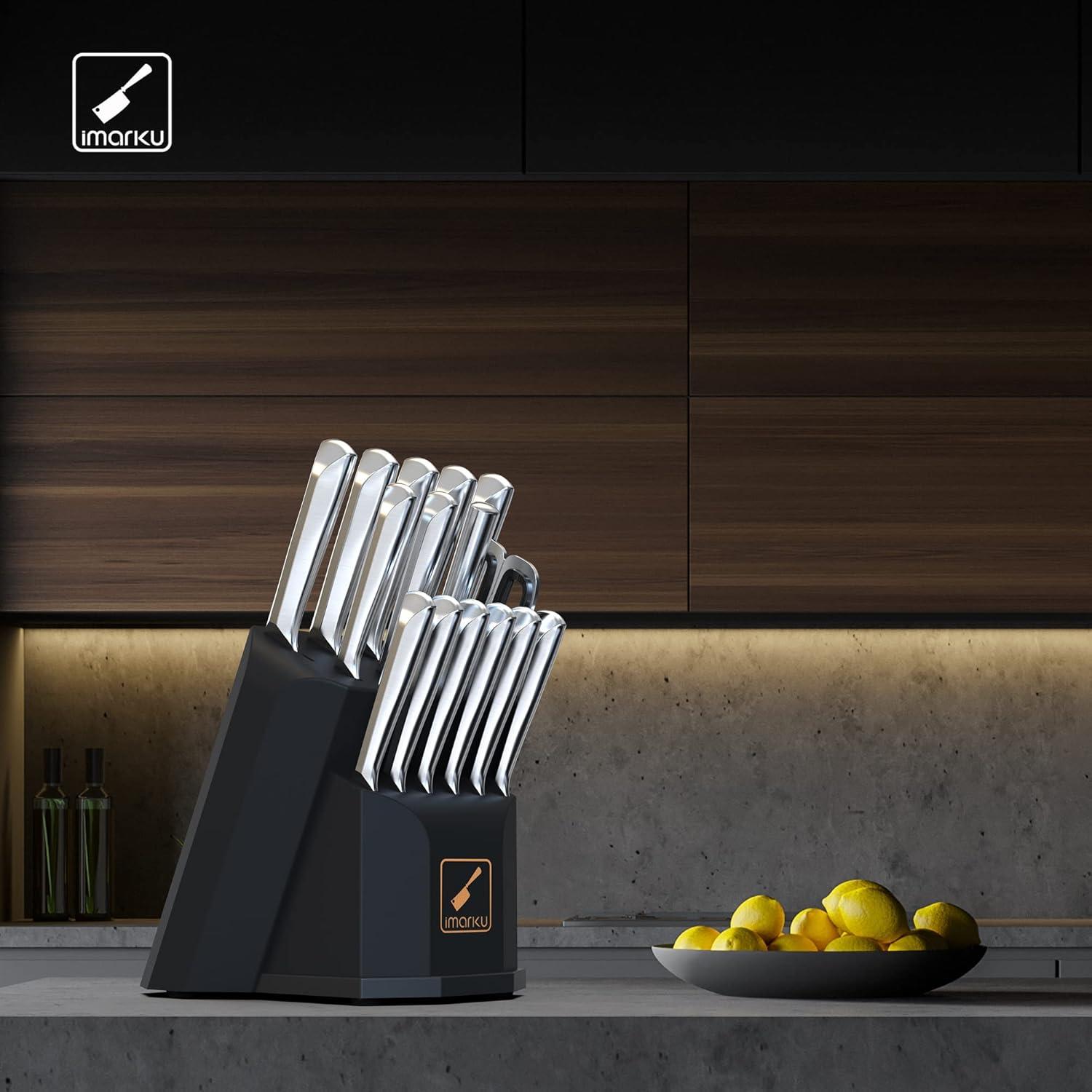 image:imageimarku Knife Set 16 Pcs Kitchen Knife Set with Block Ultra Sharp Stainless Steel Chef Knife Set Dishwasher Safe Knife Block Set with Onepiece Ergonomic Handle Black