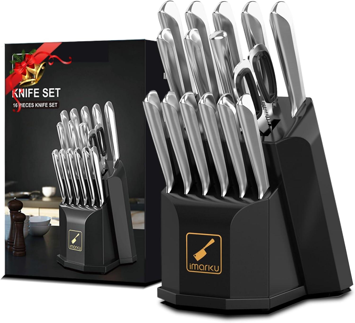 image:imageimarku Knife Set 16 Pcs Kitchen Knife Set with Block Ultra Sharp Stainless Steel Chef Knife Set Dishwasher Safe Knife Block Set with Onepiece Ergonomic Handle Black
