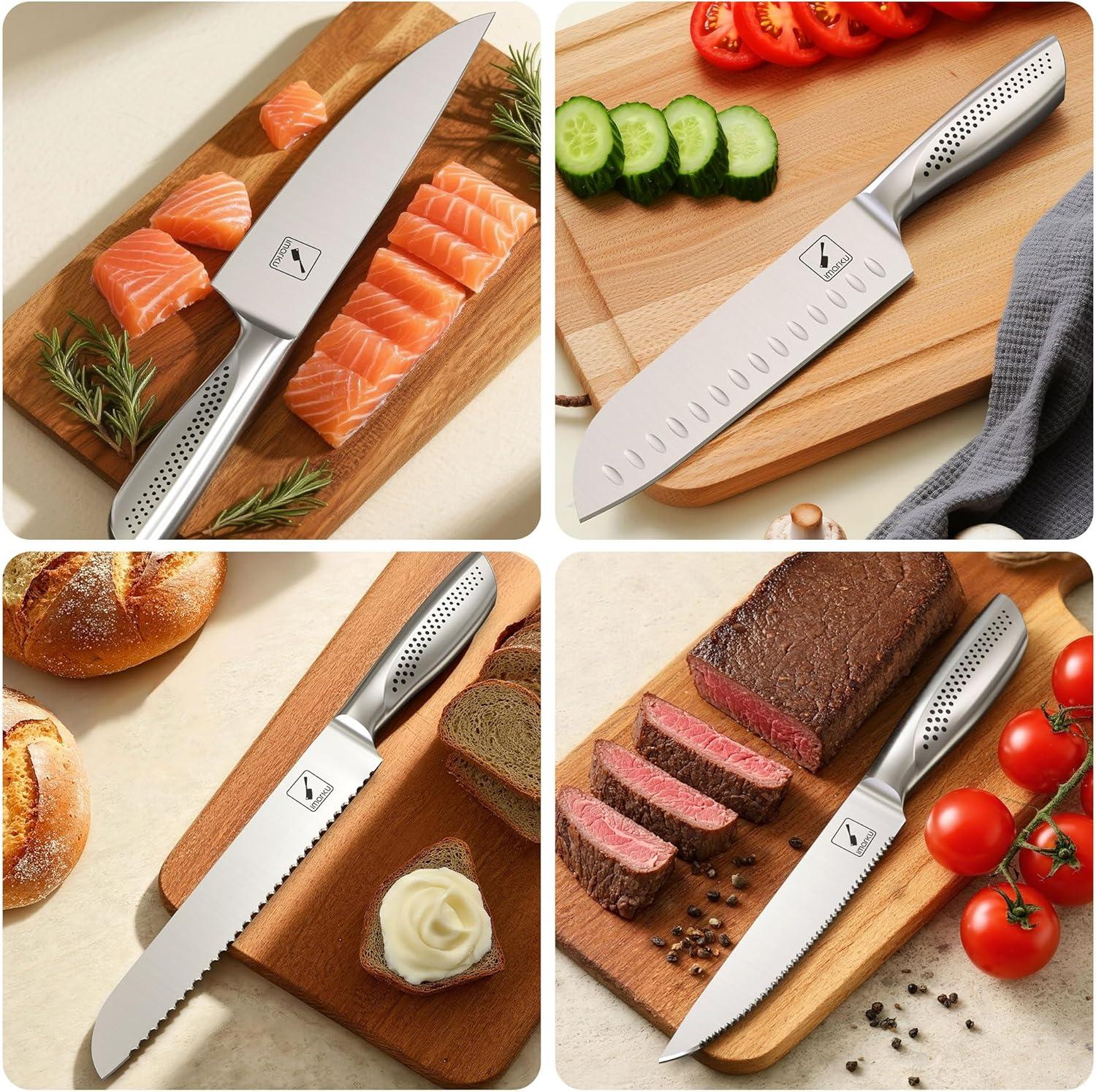 image:imageimarku Knife Set 16Piece Japanese Kitchen Knife Set Ultra Sharp Chef Knife Set for Kitchen High Carbon Stainless Steel Knife Block Set with SharpenerThanksgiving GiftChristmas GiftDark Brown