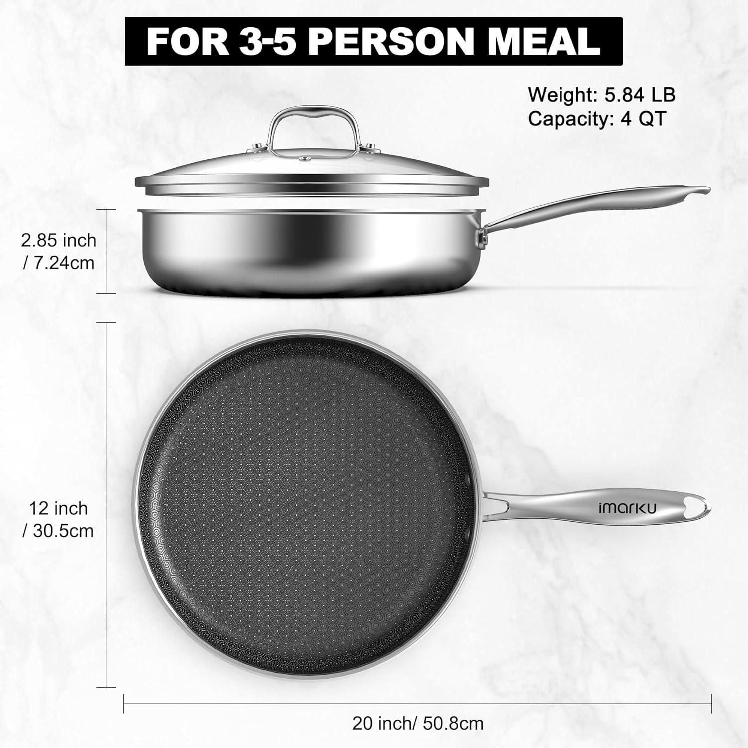 image:imageimarku Non Stick Frying Pans 12 Stainless Steel Pan Hybrid Skillet with Lid Deep Large Saute Pan Dishwasher amp Oven Safe Induction Compatible Cooking Pan PFOA Free12 inch with Lid