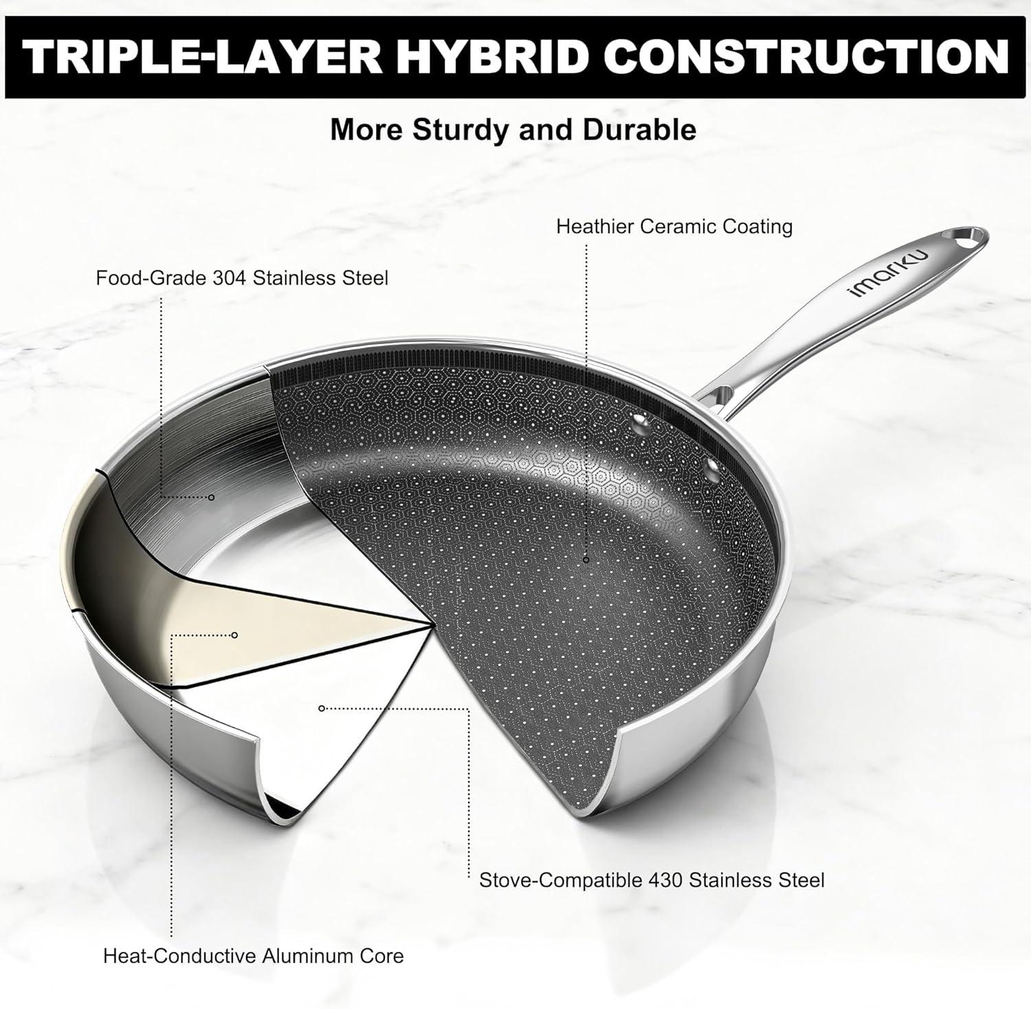 image:imageimarku Non Stick Frying Pans 12 Stainless Steel Pan Hybrid Skillet with Lid Deep Large Saute Pan Dishwasher amp Oven Safe Induction Compatible Cooking Pan PFOA Free12 inch with Lid