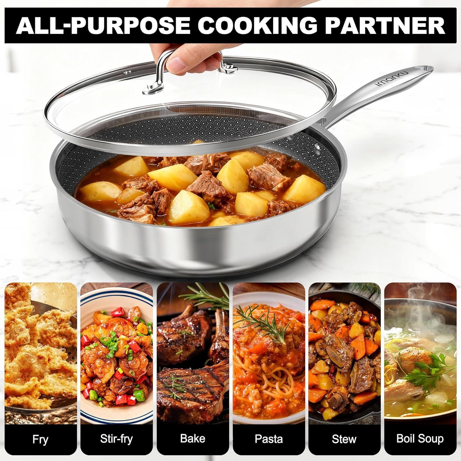 image:imageimarku Non Stick Frying Pans 12 Stainless Steel Pan Hybrid Skillet with Lid Deep Large Saute Pan Dishwasher amp Oven Safe Induction Compatible Cooking Pan PFOA Free12 inch with Lid