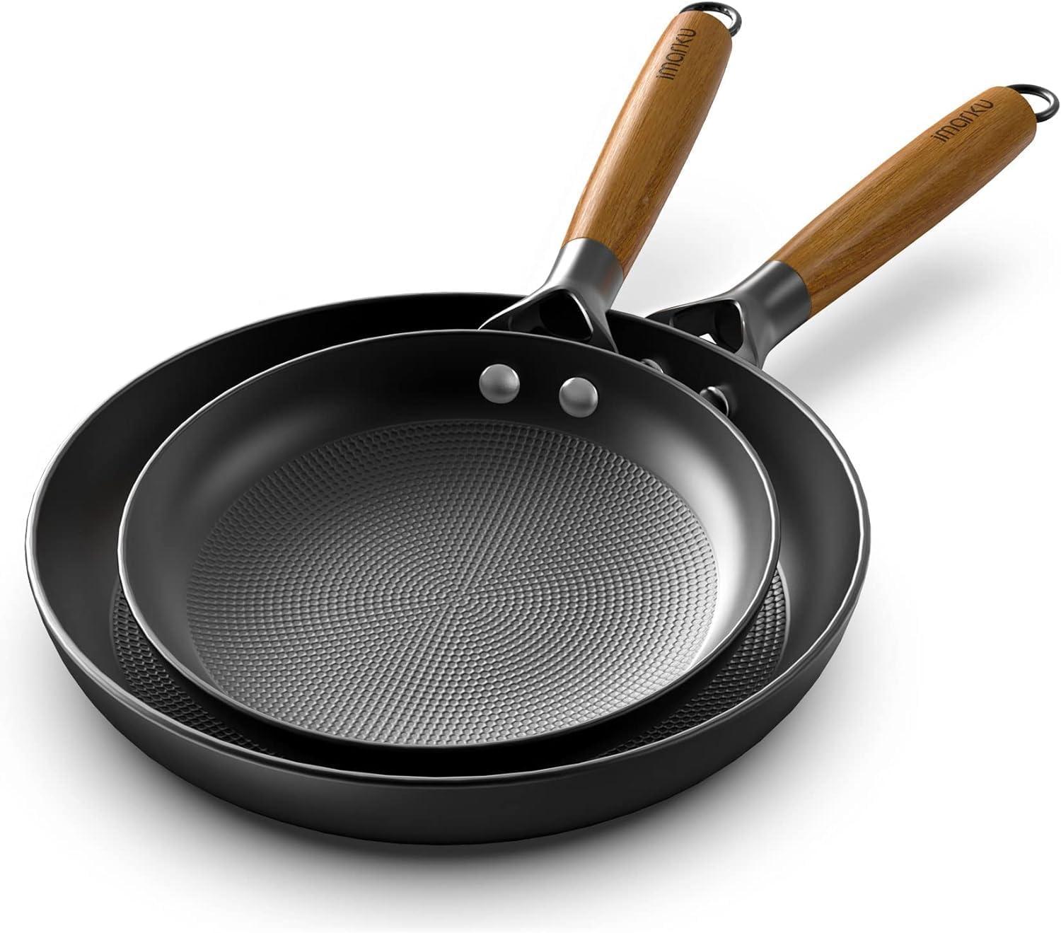 image:imageimarku Non Stick Frying Pans Cast Iron Skillets 2Pcs 8 inch amp 12 Inch Nonstick Frying Pan Long Lasting Frying Pan Set Professional Frying Pans Nonstick Oven Safe Pan beat Gifts for Women MenWooden Handle