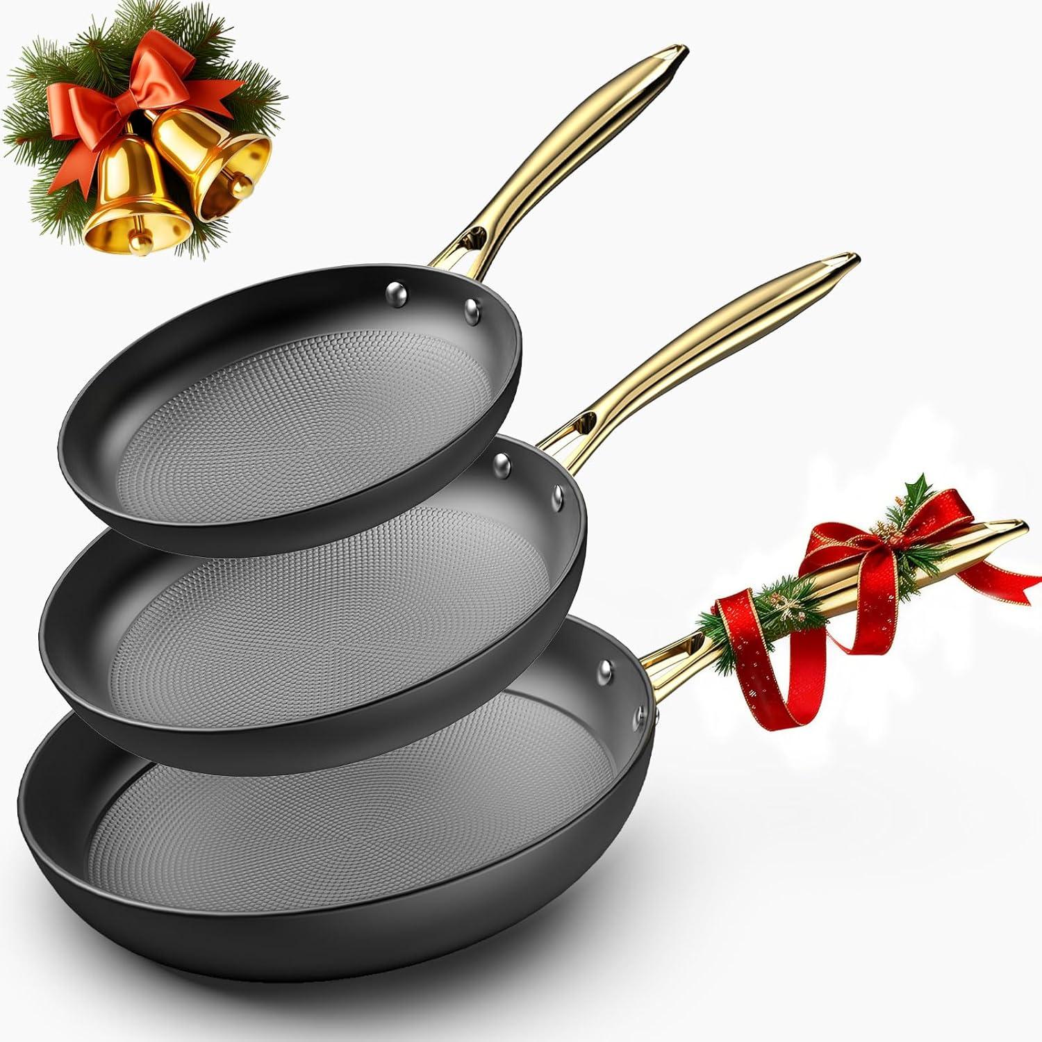 image:imageimarku Non Stick Frying Pans Cast Iron Skillets 2Pcs 8 inch amp 12 Inch Nonstick Frying Pan Long Lasting Frying Pan Set Professional Frying Pans Nonstick Oven Safe Pan beat Gifts for Women MenGolden Handle