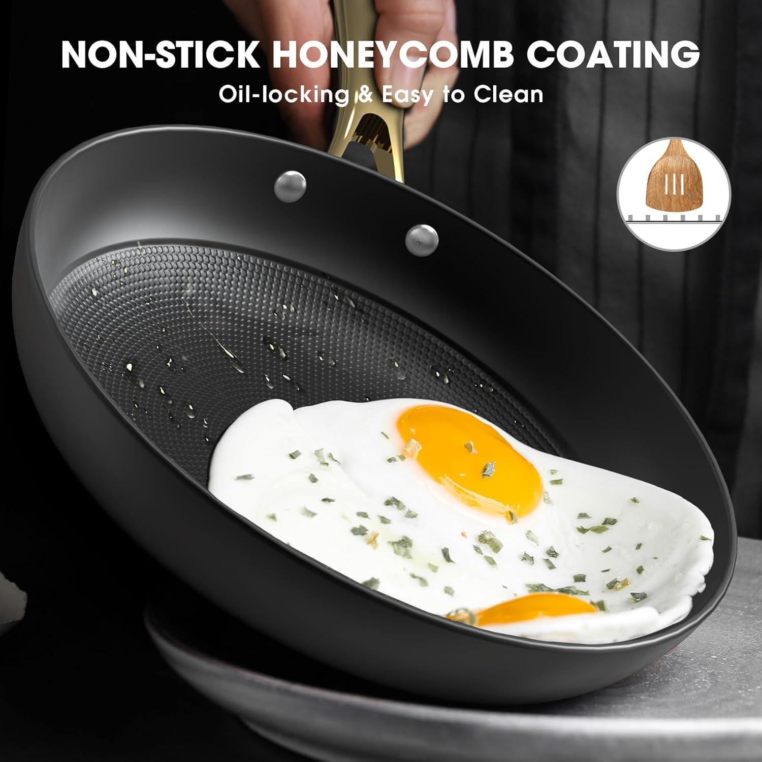 image:imageimarku Non Stick Frying Pans Cast Iron Skillets 2Pcs 8 inch amp 12 Inch Nonstick Frying Pan Long Lasting Frying Pan Set Professional Frying Pans Nonstick Oven Safe Pan beat Gifts for Women MenGolden Handle