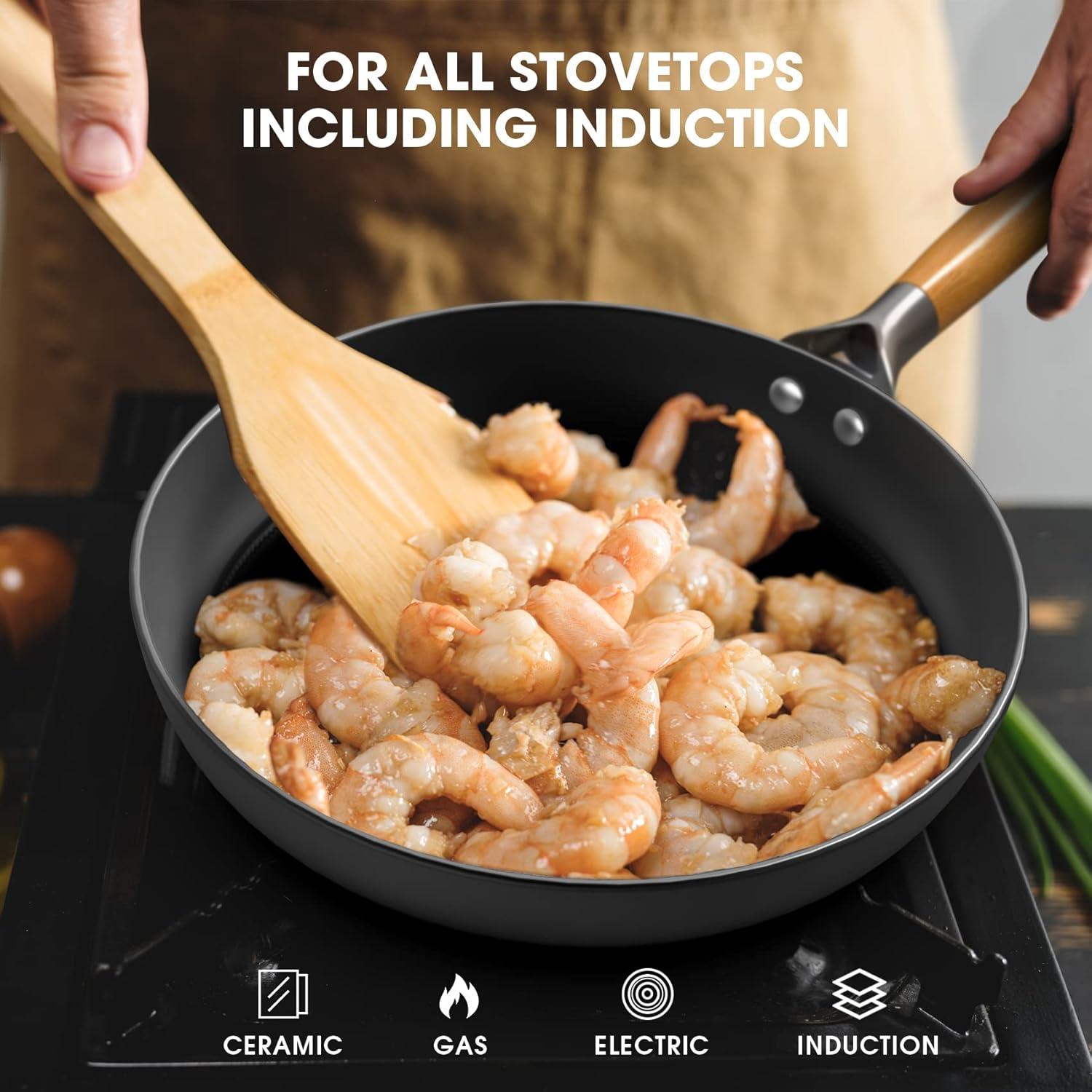 image:imageimarku Non Stick Frying Pans Cast Iron Skillets 2Pcs 8 inch amp 12 Inch Nonstick Frying Pan Long Lasting Frying Pan Set Professional Frying Pans Nonstick Oven Safe Pan beat Gifts for Women MenWooden Handle