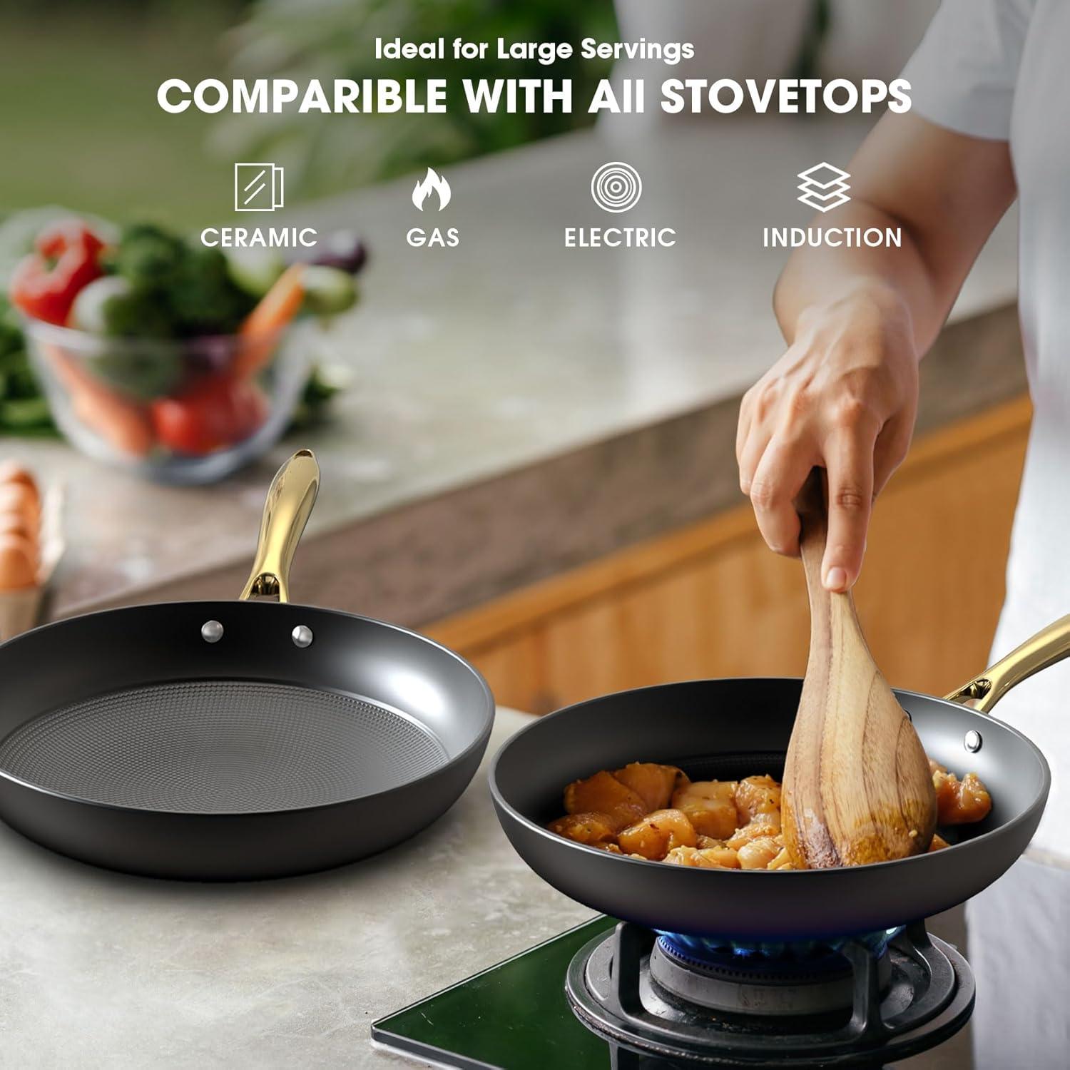 image:imageimarku Non Stick Frying Pans Cast Iron Skillets 2Pcs 8 inch amp 12 Inch Nonstick Frying Pan Long Lasting Frying Pan Set Professional Frying Pans Nonstick Oven Safe Pan beat Gifts for Women MenGolden Handle