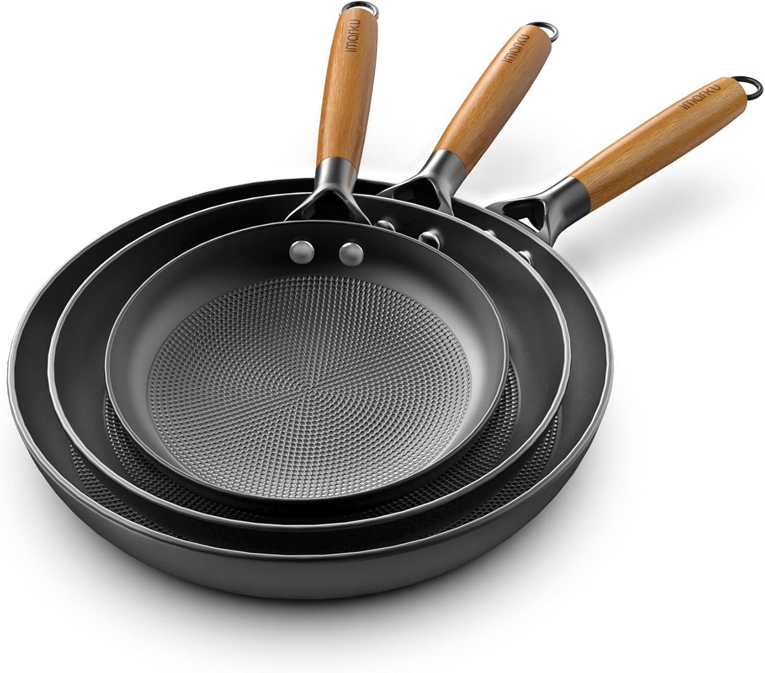 image:imageimarku Non Stick Frying Pans Cast Iron Skillets 2Pcs 8 inch amp 12 Inch Nonstick Frying Pan Long Lasting Frying Pan Set Professional Frying Pans Nonstick Oven Safe Pan beat Gifts for Women MenWooden Handle