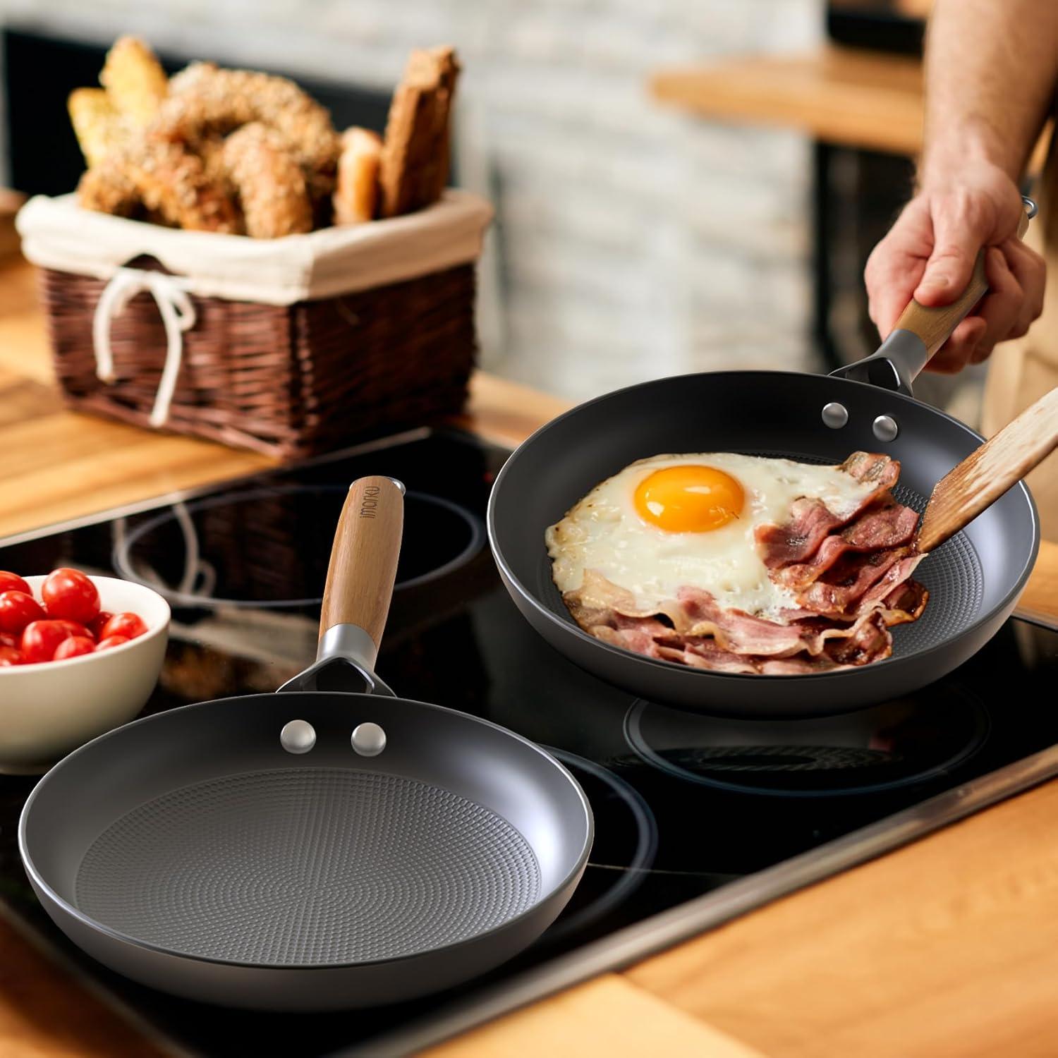 image:imageimarku Non Stick Frying Pans Cast Iron Skillets 2Pcs 8 inch amp 12 Inch Nonstick Frying Pan Long Lasting Frying Pan Set Professional Frying Pans Nonstick Oven Safe Pan beat Gifts for Women MenWooden Handle
