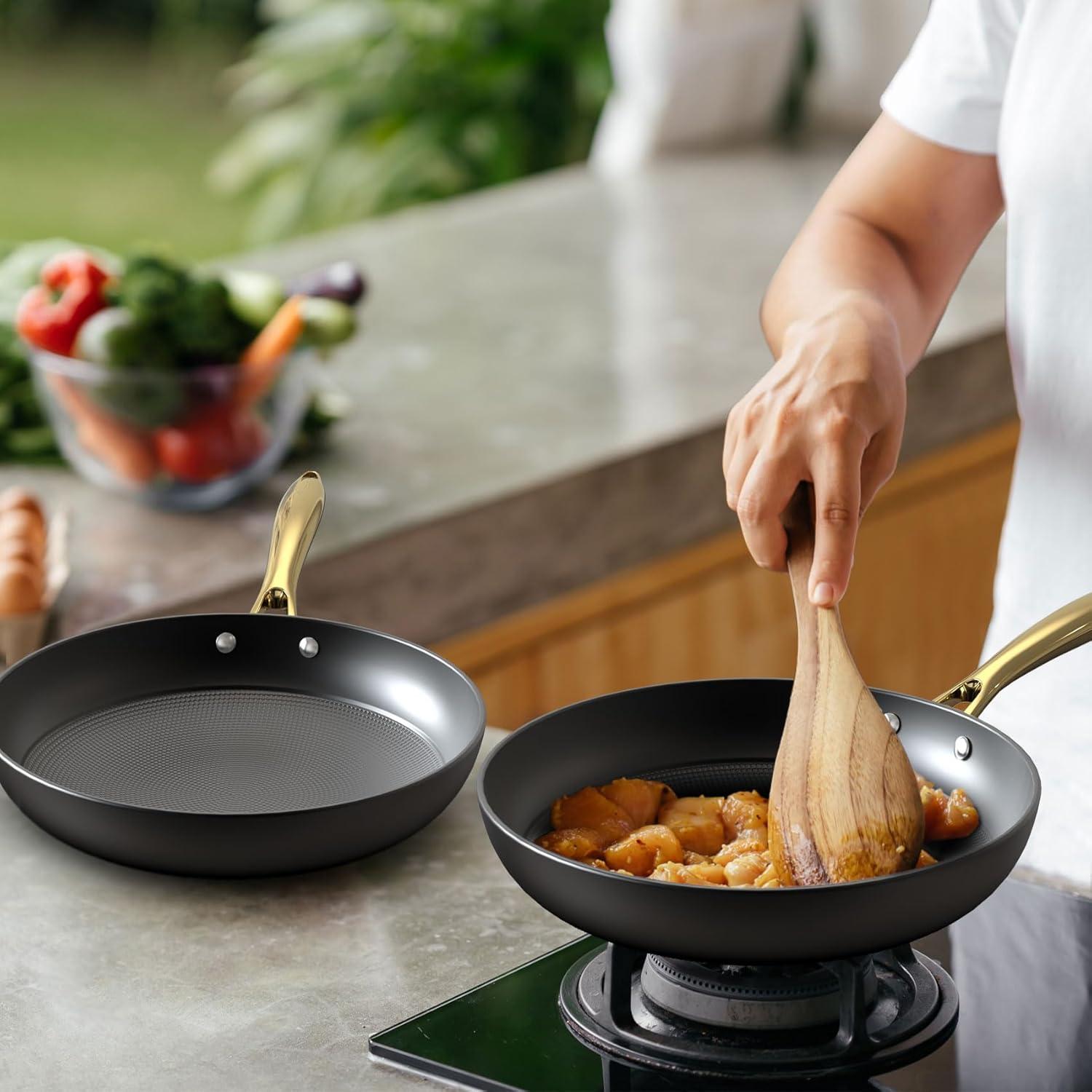 image:imageimarku Non Stick Frying Pans Cast Iron Skillets 2Pcs 8 inch amp 12 Inch Nonstick Frying Pan Long Lasting Frying Pan Set Professional Frying Pans Nonstick Oven Safe Pan beat Gifts for Women MenGolden Handle