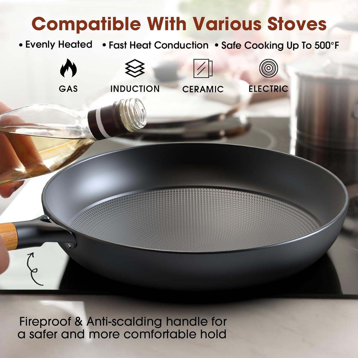 image:imageimarku Non Stick Frying Pans Cast Iron Skillets 2Pcs 8 inch amp 12 Inch Nonstick Frying Pan Long Lasting Frying Pan Set Professional Frying Pans Nonstick Oven Safe Pan beat Gifts for Women MenWooden Handle