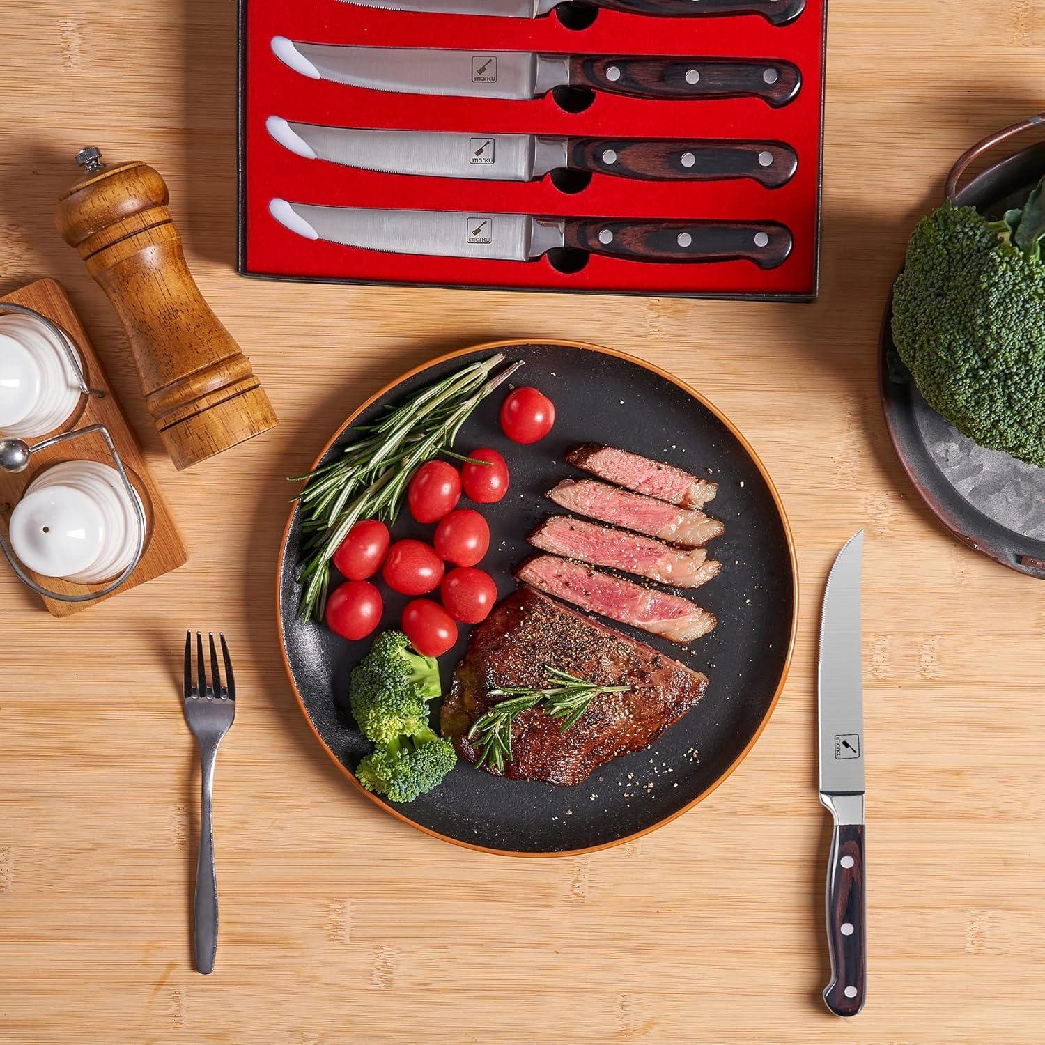image:imageimarku Steak Knives Steak Knives Set of 6 Premium Japanese Stainless Steel Steak Knife Set Super Sharp Serrated Steak Knife with Pakkawood Handles and Gift Box Christmas Gifts