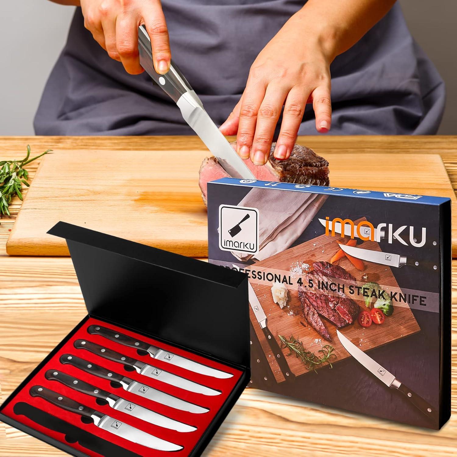 image:imageimarku Steak Knives Steak Knives Set of 6 Premium Japanese Stainless Steel Steak Knife Set Super Sharp Serrated Steak Knife with Pakkawood Handles and Gift Box Christmas Gifts