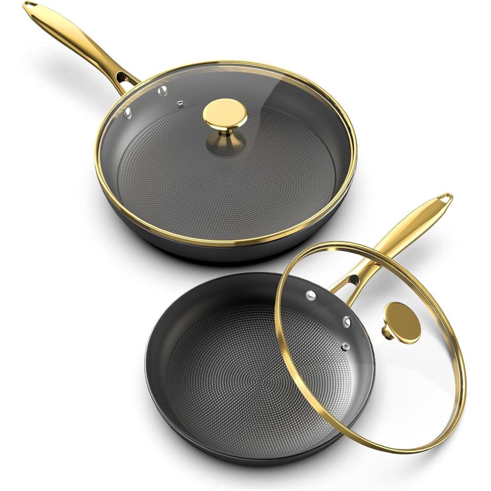 image:imageimarku Cast Iron Skillets Non Stick Frying Pans 2Pcs 10 inch amp 12 Inch Frying Pan Set Long Lasting Frying Pans Nonstick Professional Nonstick Frying Pan Easy Clean Christmas Gifts for Women MenGolden Handle with Lids