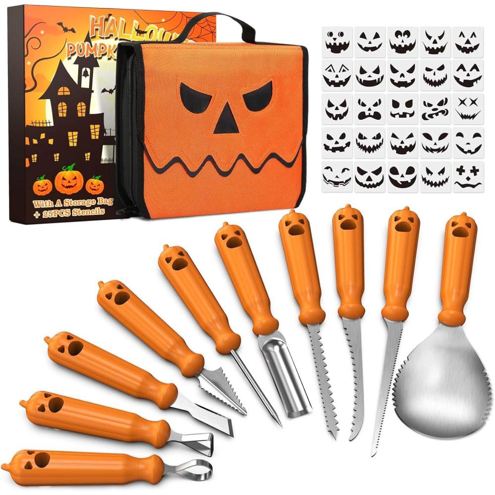 image:imageimarku Halloween Pumpkin Carving Kit 10 PCS Professional Carving Knife with Unique Storage Bag and 25 PCS Pumpkin Carving Stencils Stainless Carving Tools for Halloween Decorations Home Essentials