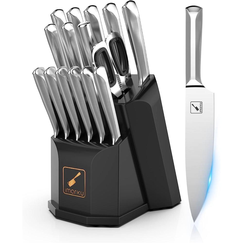 image:imageimarku Knife Set 16 Pcs Kitchen Knife Set with Block Ultra Sharp Stainless Steel Chef Knife Set Dishwasher Safe Knife Block Set with Onepiece Ergonomic Handle Black
