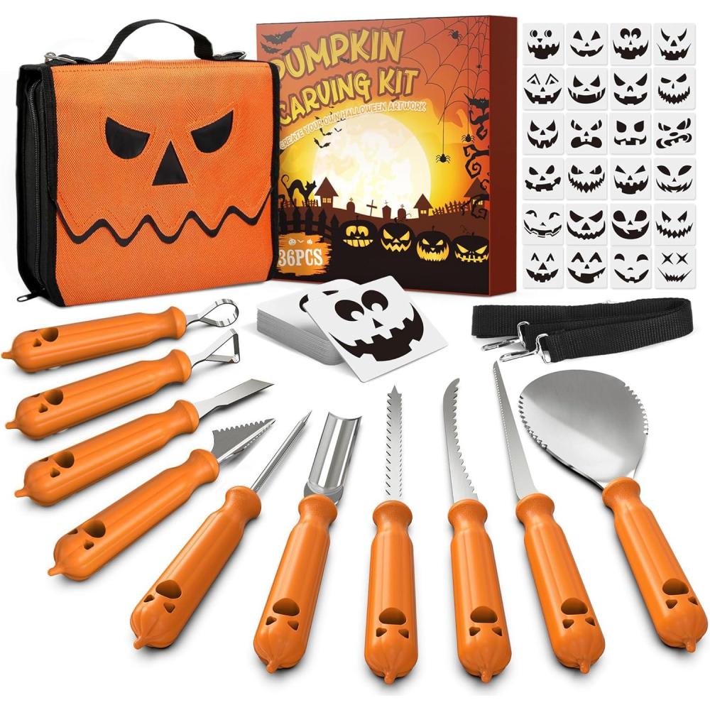 image:imageimarku Pumpkin Carving Kit 36PCS Pumpkin Carving Tools Professional Pumpkin Carving Knife Set with Stencils amp Bag for Beginners Sharp Pumpkin Carving Gift for Halloween Decoration JackOLanterns36PCS Pumpkin Carving Tools