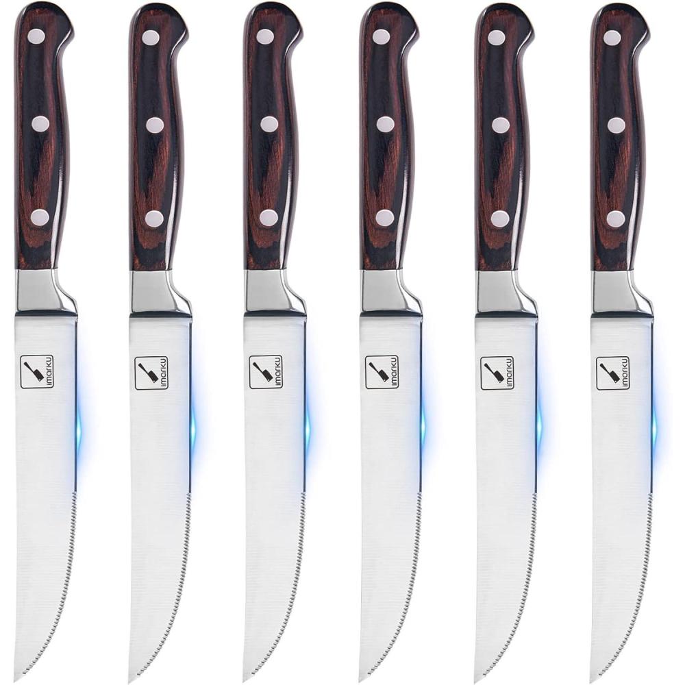 image:imageimarku Steak Knives Steak Knives Set of 6 Premium Japanese Stainless Steel Steak Knife Set Super Sharp Serrated Steak Knife with Pakkawood Handles and Gift Box Christmas Gifts