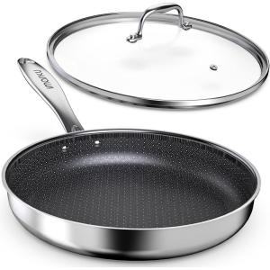 imarku Non Stick Frying Pans, 12″ Stainless Steel Pan, Hybrid Skillet with Lid, Deep Large Saute Pan, Dishwasher & Oven Safe, Induction Compatible Cooking Pan, PFOA Free(12 inch with Lid)