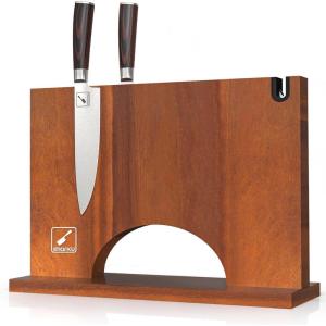 Magnetic Knife Block 13 x 10 Inches, imarku Magnetic Knife Holder Rack for Kitchen Counter, Double Sided Magnet Knife Storage Stand with Knife Sharpener, Brown(12.23*4.07*10.21 Inch)