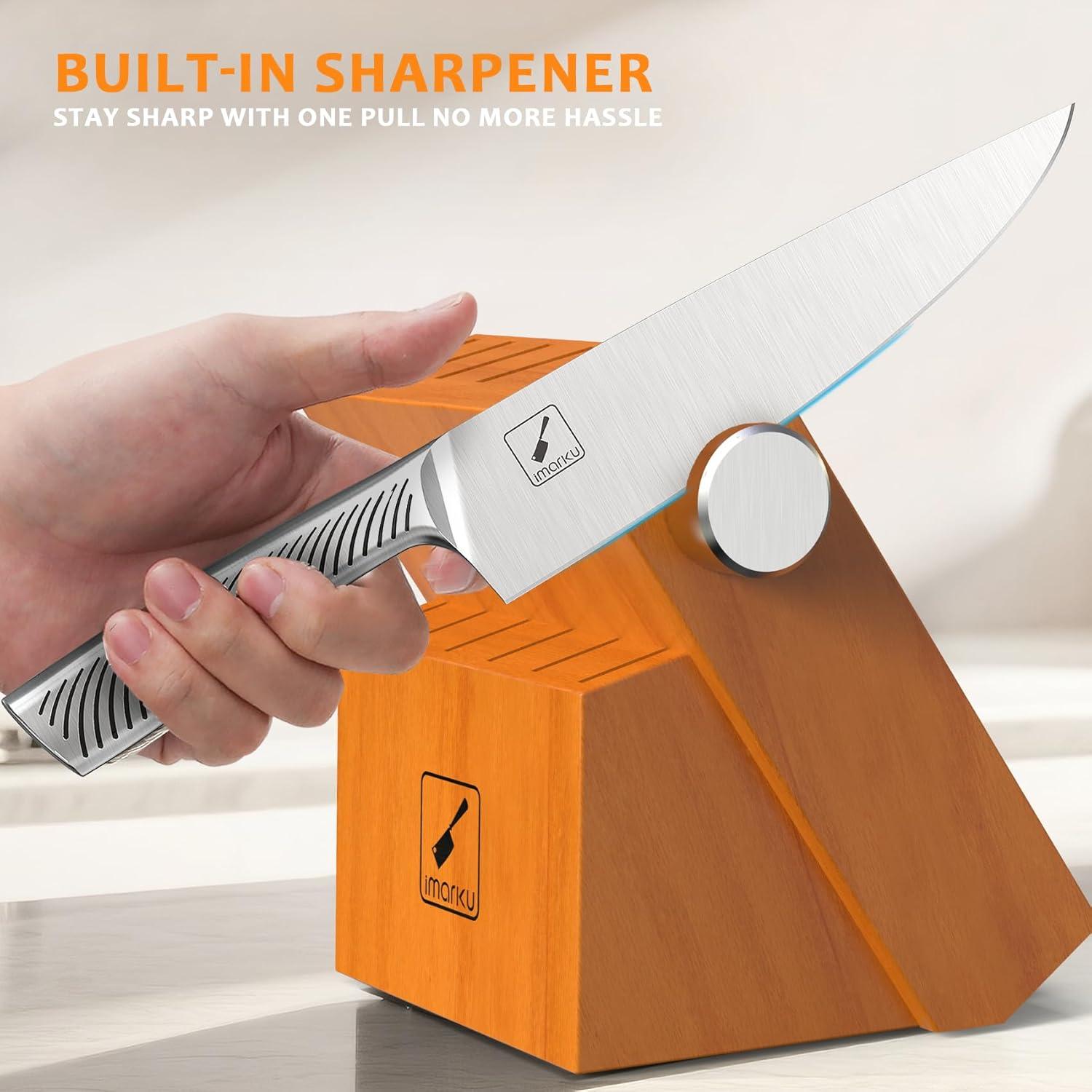 image:imageimarku 14Piece Knife Block Set Knife Set with Block and Buildin Sharpener Japanese Stainless Steel Knife Set for Lasting Sharpness Dishwasher Safe BlackBright Brown
