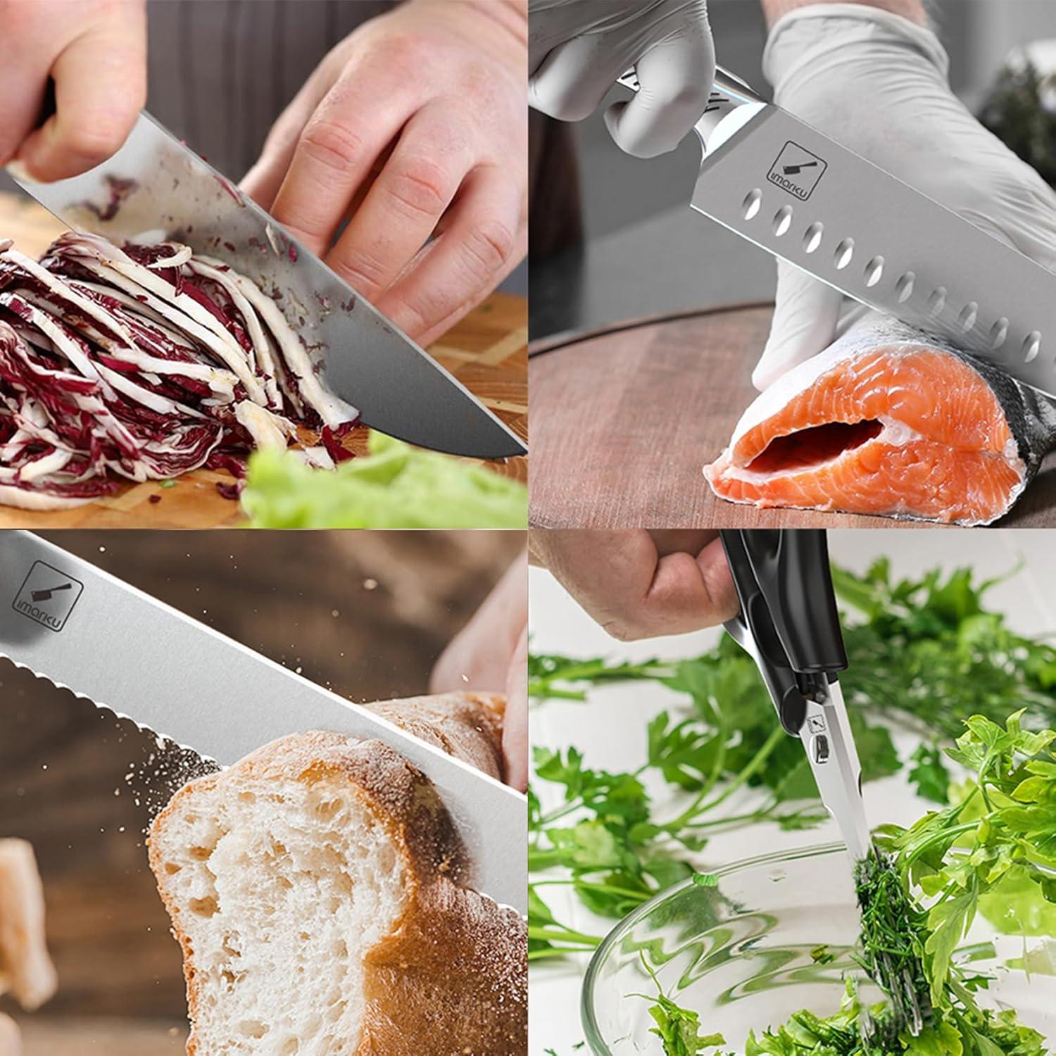 image:imageimarku 14Piece Knife Block Set Knife Set with Block and Buildin Sharpener Japanese Stainless Steel Knife Set for Lasting Sharpness Dishwasher Safe BlackPure Black