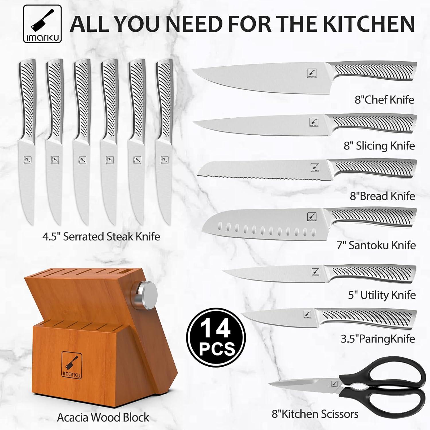 image:imageimarku 14Piece Knife Block Set Knife Set with Block and Buildin Sharpener Japanese Stainless Steel Knife Set for Lasting Sharpness Dishwasher Safe BlackBright Brown