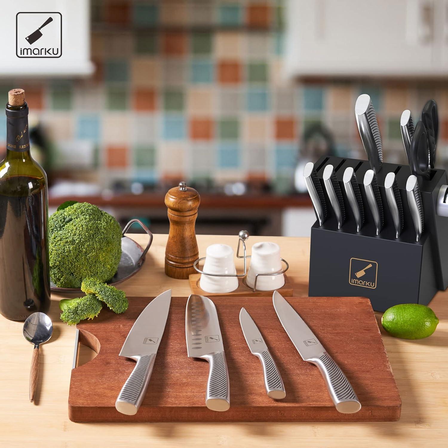 image:imageimarku 14Piece Knife Block Set Knife Set with Block and Buildin Sharpener Japanese Stainless Steel Knife Set for Lasting Sharpness Dishwasher Safe BlackPure Black