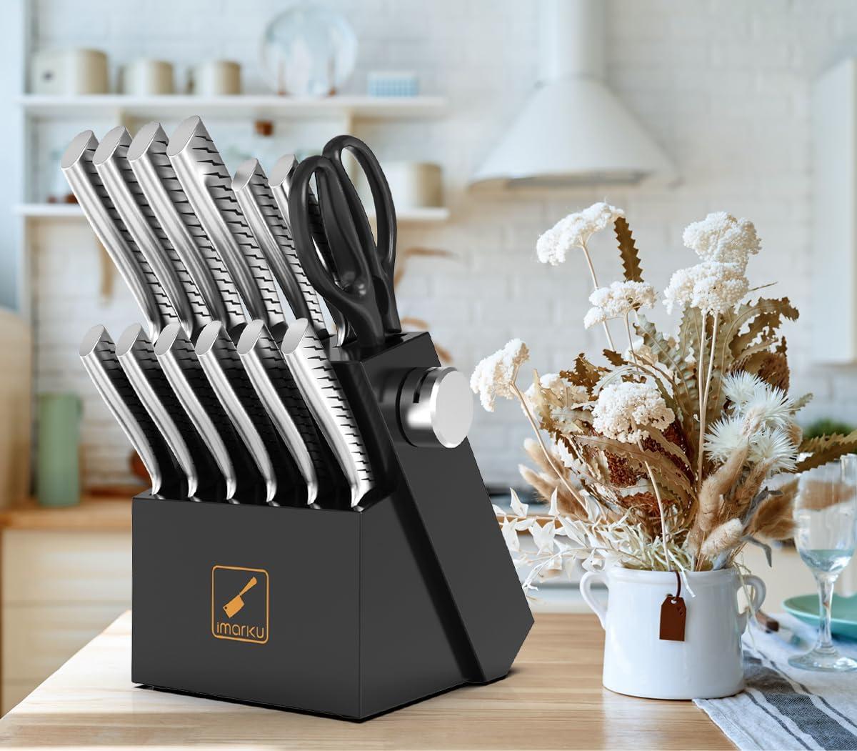 image:imageimarku 14Piece Knife Block Set Knife Set with Block and Buildin Sharpener Japanese Stainless Steel Knife Set for Lasting Sharpness Dishwasher Safe BlackPure Black