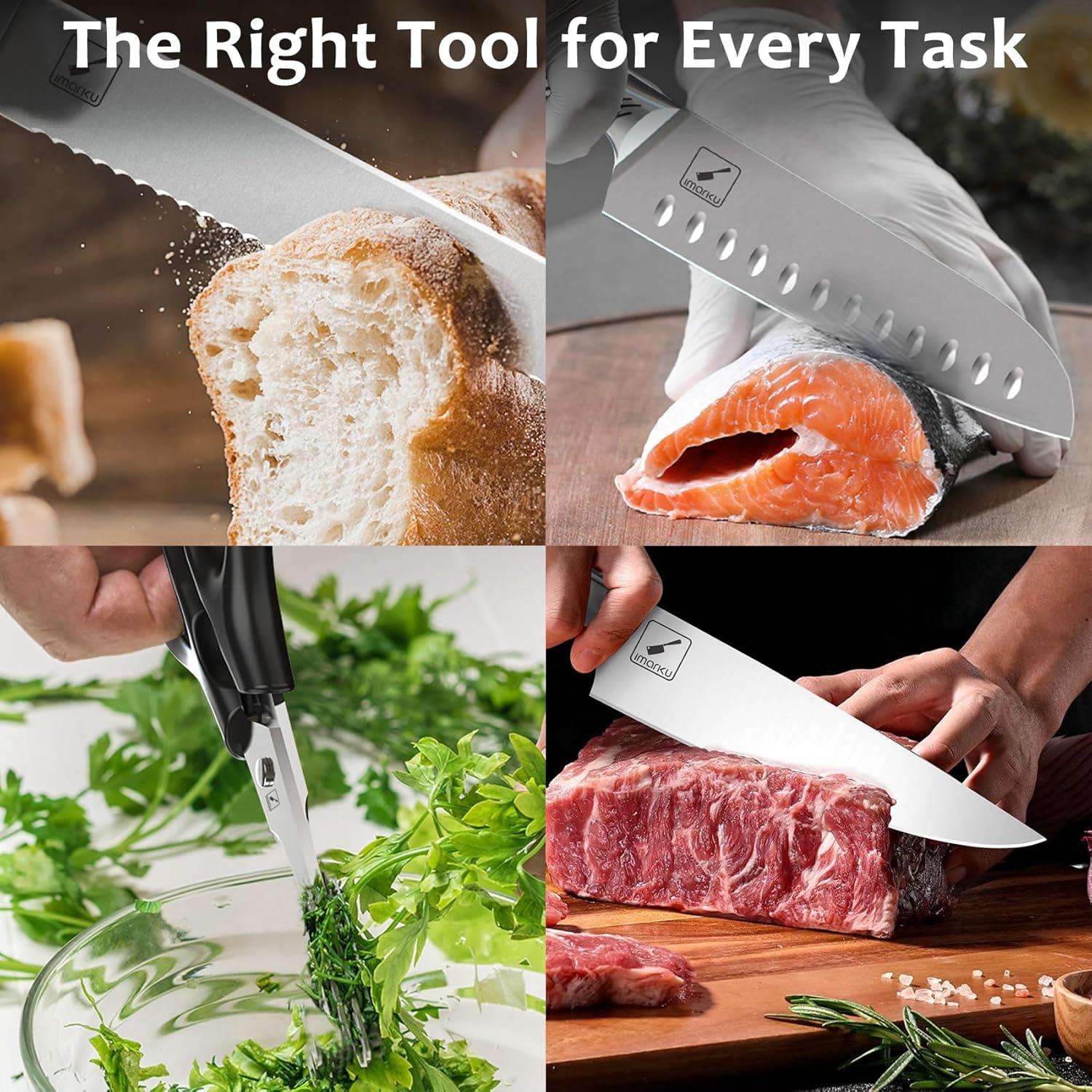 image:imageimarku 14Piece Knife Block Set Knife Set with Block and Buildin Sharpener Japanese Stainless Steel Knife Set for Lasting Sharpness Dishwasher Safe BlackBright Brown