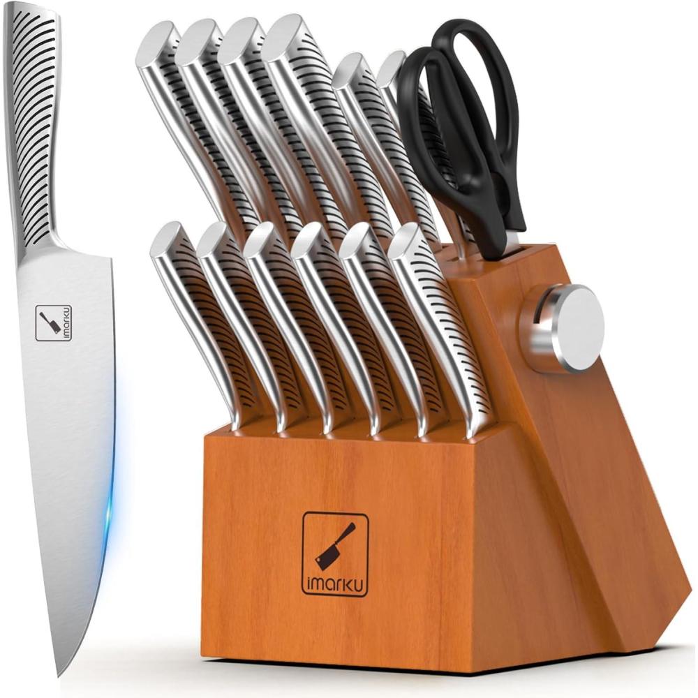 image:imageimarku 14Piece Knife Block Set Knife Set with Block and Buildin Sharpener Japanese Stainless Steel Knife Set for Lasting Sharpness Dishwasher Safe BlackBright Brown