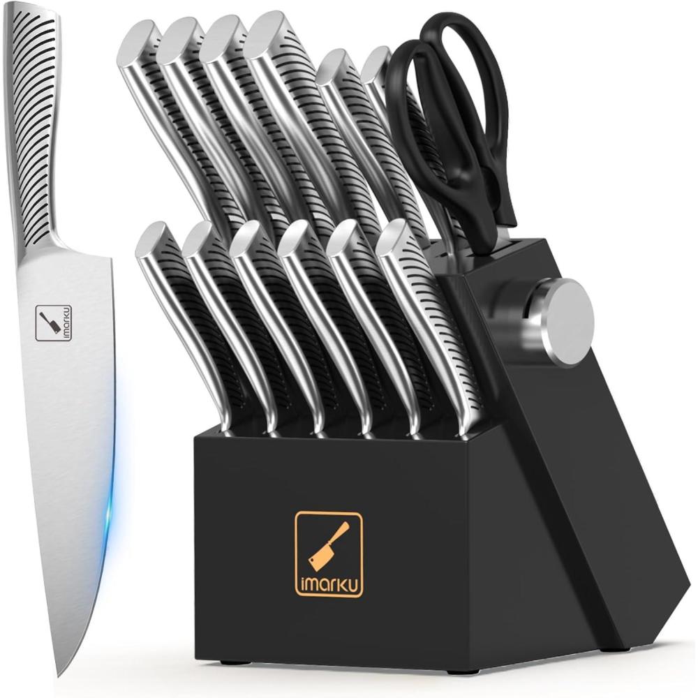 image:imageimarku 14Piece Knife Block Set Knife Set with Block and Buildin Sharpener Japanese Stainless Steel Knife Set for Lasting Sharpness Dishwasher Safe BlackPure Black
