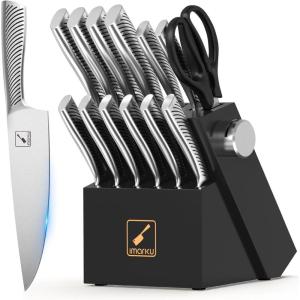 imarku 14-Piece Knife Block Set, Knife Set with Block and Build-in Sharpener, Japanese Stainless Steel Knife Set for Lasting Sharpness, Dishwasher Safe, Black(Pure Black)