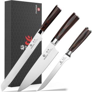 imarku 3 Pieces Kitchen Knife Set, Professional Japanese High Carbon Stainless Steel Chef Knife Set, Ultra Sharp Knives Set for Kitchen with Ergonomic Pakkawood Handle, Ideal Gift for Women(Brown)