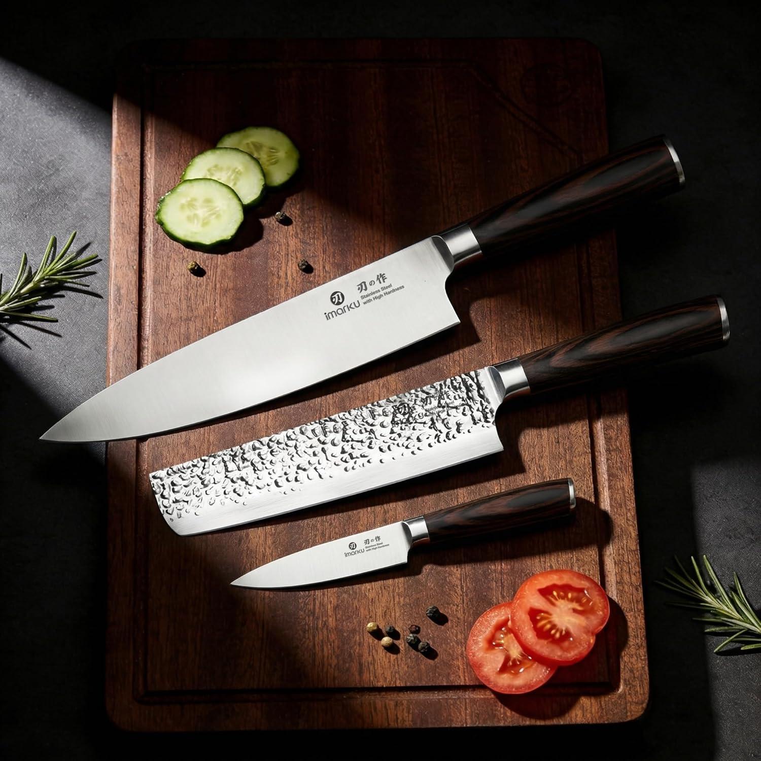 image:imageimarku 3 Pieces Knife set Japanese HC Stainless Steel Kitchen Knife Set Professional Chef Knife Set With Ergonomic Pakkawood Handle Ultra Sharp Knives Set for Kitchen amp Home Cooking Gifts BoxRedbrown