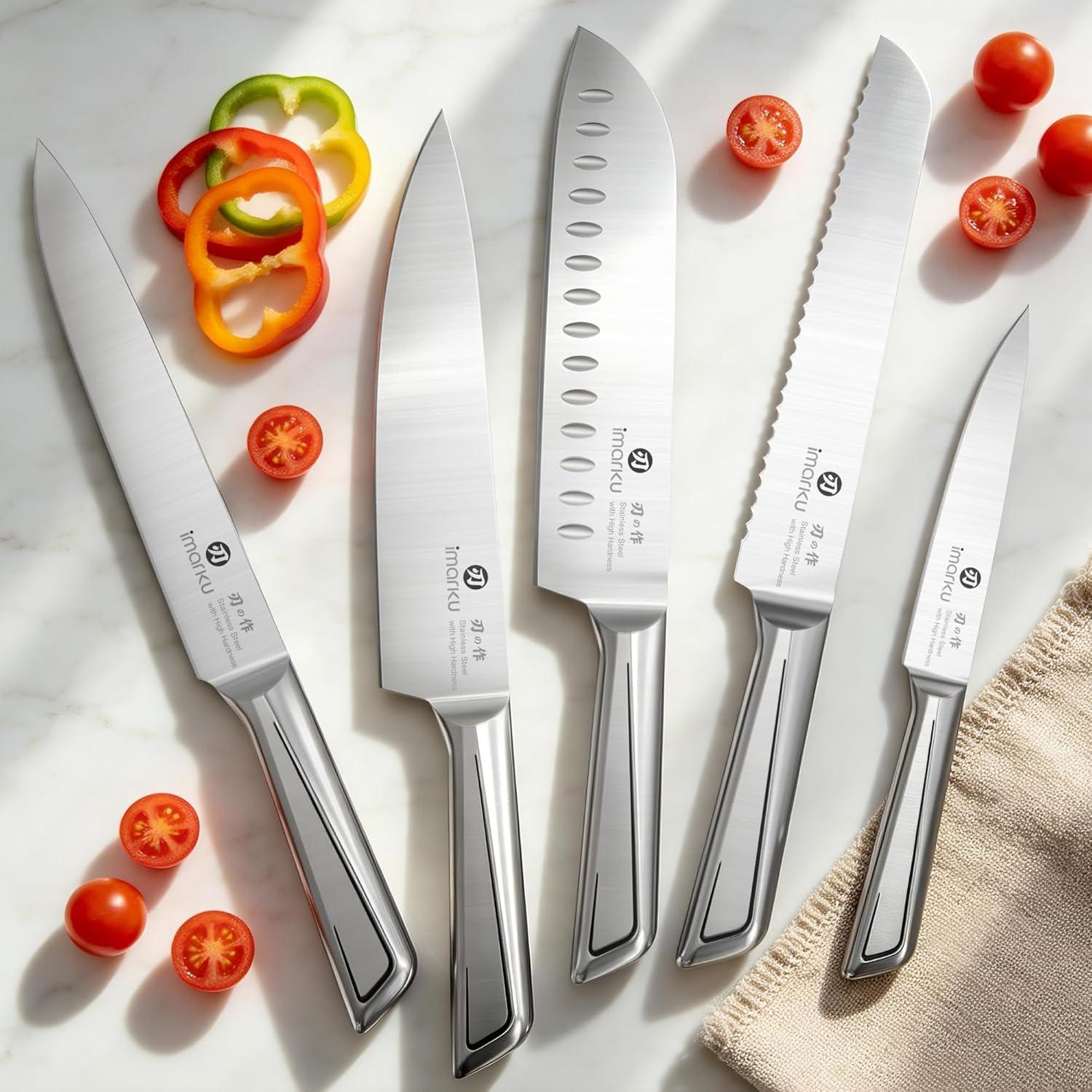 image:imageimarku 3 Pieces Knife set Japanese HC Stainless Steel Kitchen Knife Set Professional Chef Knife Set With Ergonomic Pakkawood Handle Ultra Sharp Knives Set for Kitchen amp Home Cooking Gifts BoxSilverBrown
